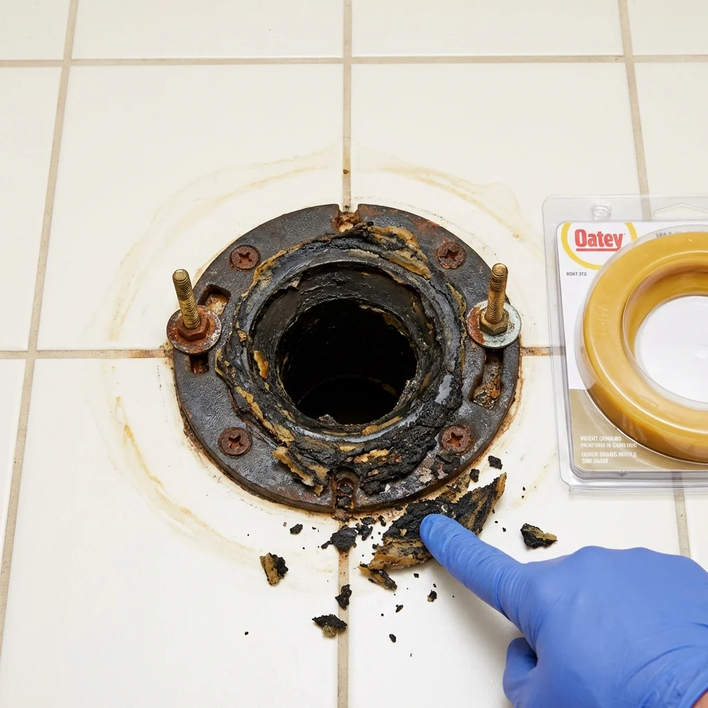Failed wax ring showing water seepage at the base of a toilet in a Altamont, IL home