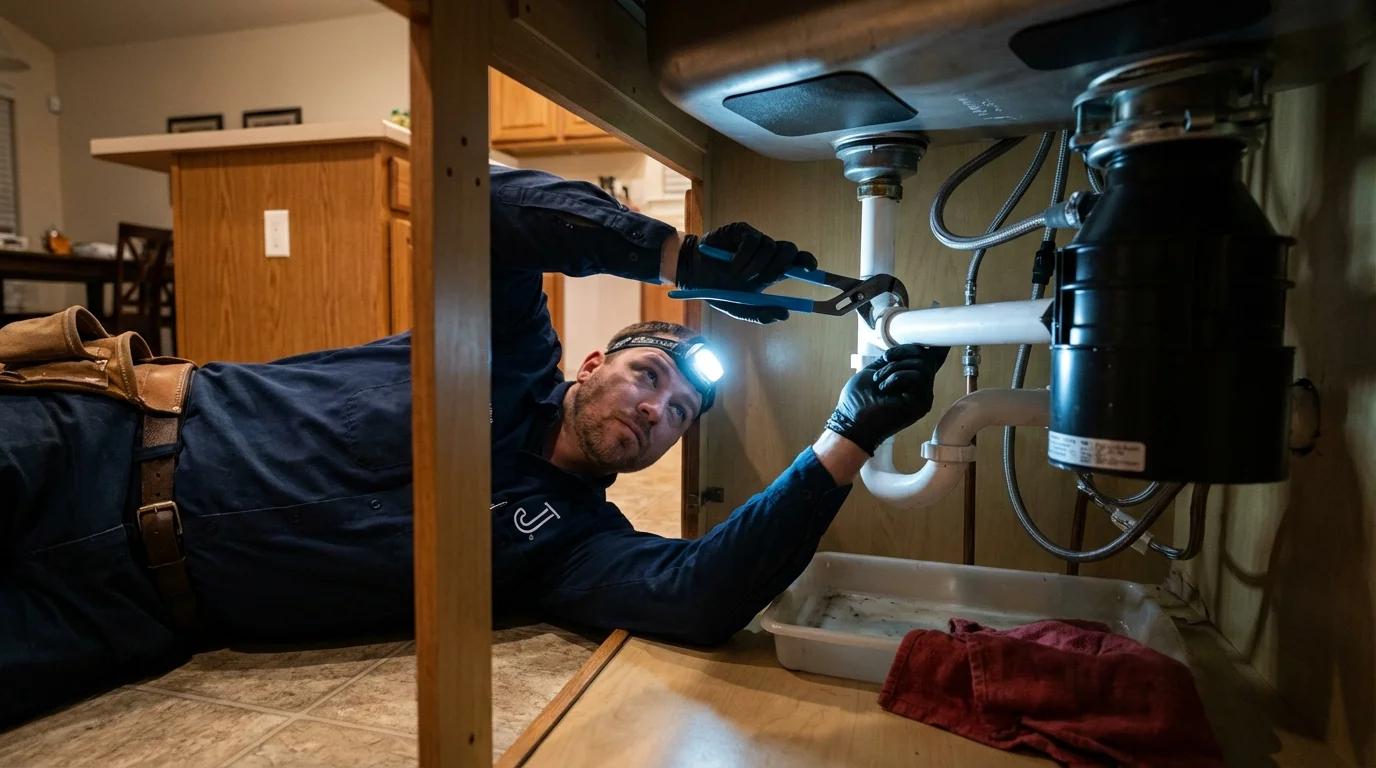 P-trap and supply line connections under a kitchen sink showing a common leak point in Altamont, IL